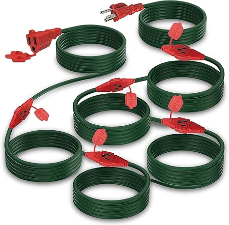 Outdoor Extension Cord with Multiple Outlets - 50 Ft - 6 Outlets Plugs - Weatherproof Multi Outlet Extension Cord - 16/3 Gauge SJTW Green Wire for Christmas, Holiday, Landscaping Light, ETL Listed