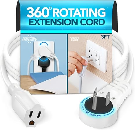 3 Ft Extension Cord – 360° Rotating Flat Plug, 16 AWG, Slim White Power Cable for Tight Spaces, ETL Certified for Indoor & Office Use