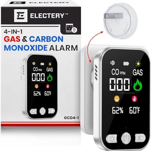 Carbon Monoxide Detector Plug in, 4-in-1 Gas and Carbon Monoxide Detectors with Digital Display, Natural Gas Leak Detector Alarm for Home RV Kitchen, Dual Alarm 85dB, Temperature Humidity Sensor