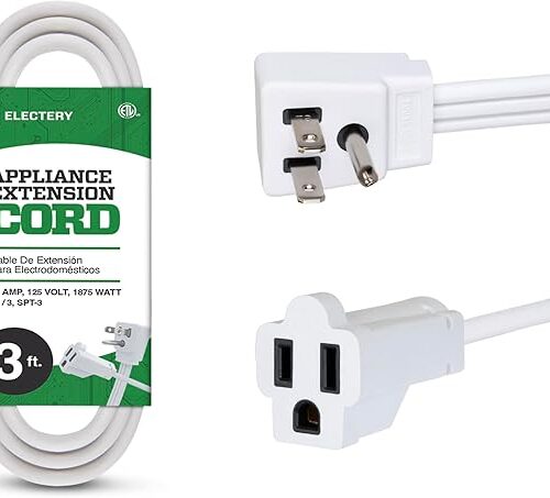 Heavy Duty Appliance Extension Cord, 14 AWG - 3 Prong Grounded Flat Plug, White Power Wire for Indoor Air Conditioner and All Major Appliances, 15 Amps, 1875W, ETL Listed.
