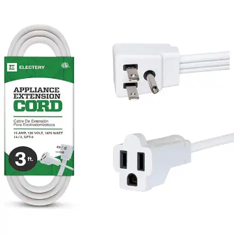 Heavy Duty Appliance Extension Cord, 14 AWG - 3 Prong Grounded Flat Plug, White Power Wire for Indoor Air Conditioner and All Major Appliances, 15 Amps, 1875W, ETL Listed.