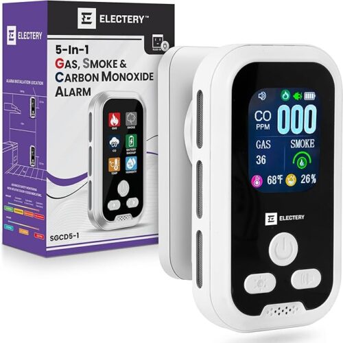 5‑in‑1 Upgraded Natural Gas Leak Detector & Carbon Monoxide Detectors with Smoke Alert Plug‑in with Dual Sensor, LCD Display Alarms, Temperature & Humidity Monitor for Home & RV